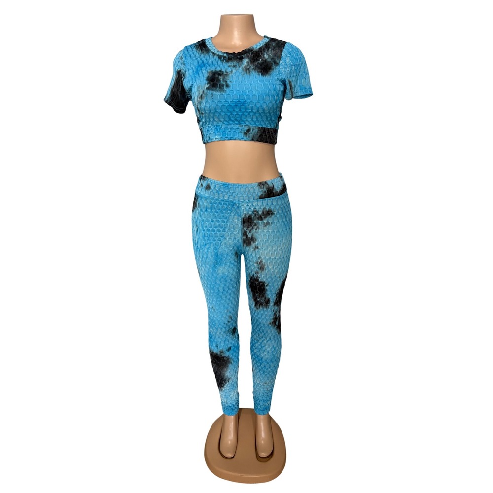 Blue Tie-Dye Waffle Knit Crop Top & Leggings Set